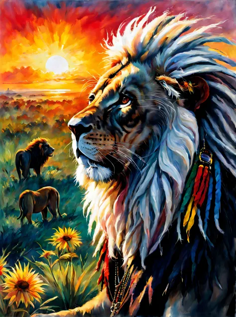 Old black Rastafarian with white dreadlocks and with a lion enjoying the sunrise, colorful summer outfit stands out, Energetic and lively scene.
Estilo de Gabriele Dell&#39;Otto, Meio da jornada de IA, saturated cores, Aquarela, oil paints,   HDR, 500px, 4...