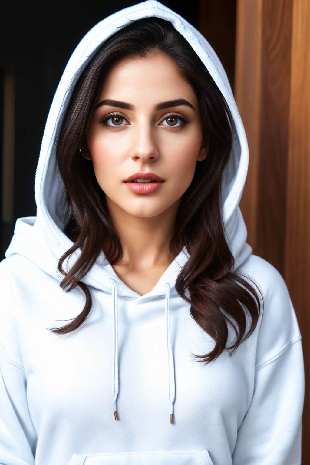 A close up of a woman in a white hoodie - SeaArt AI