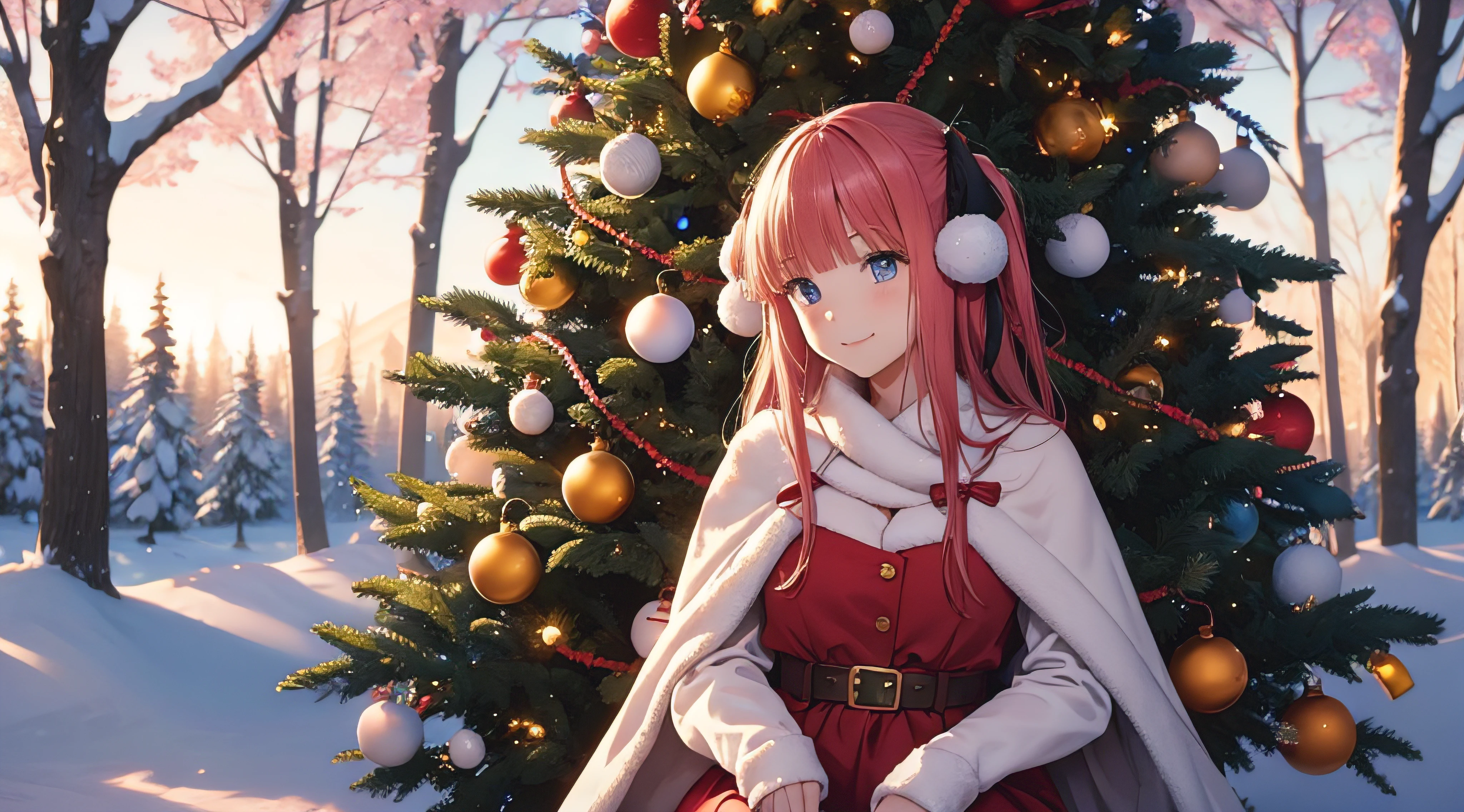 Chica anime con vestido rojo sentada frente a un árbol de Navidad. - SeaArt  AI