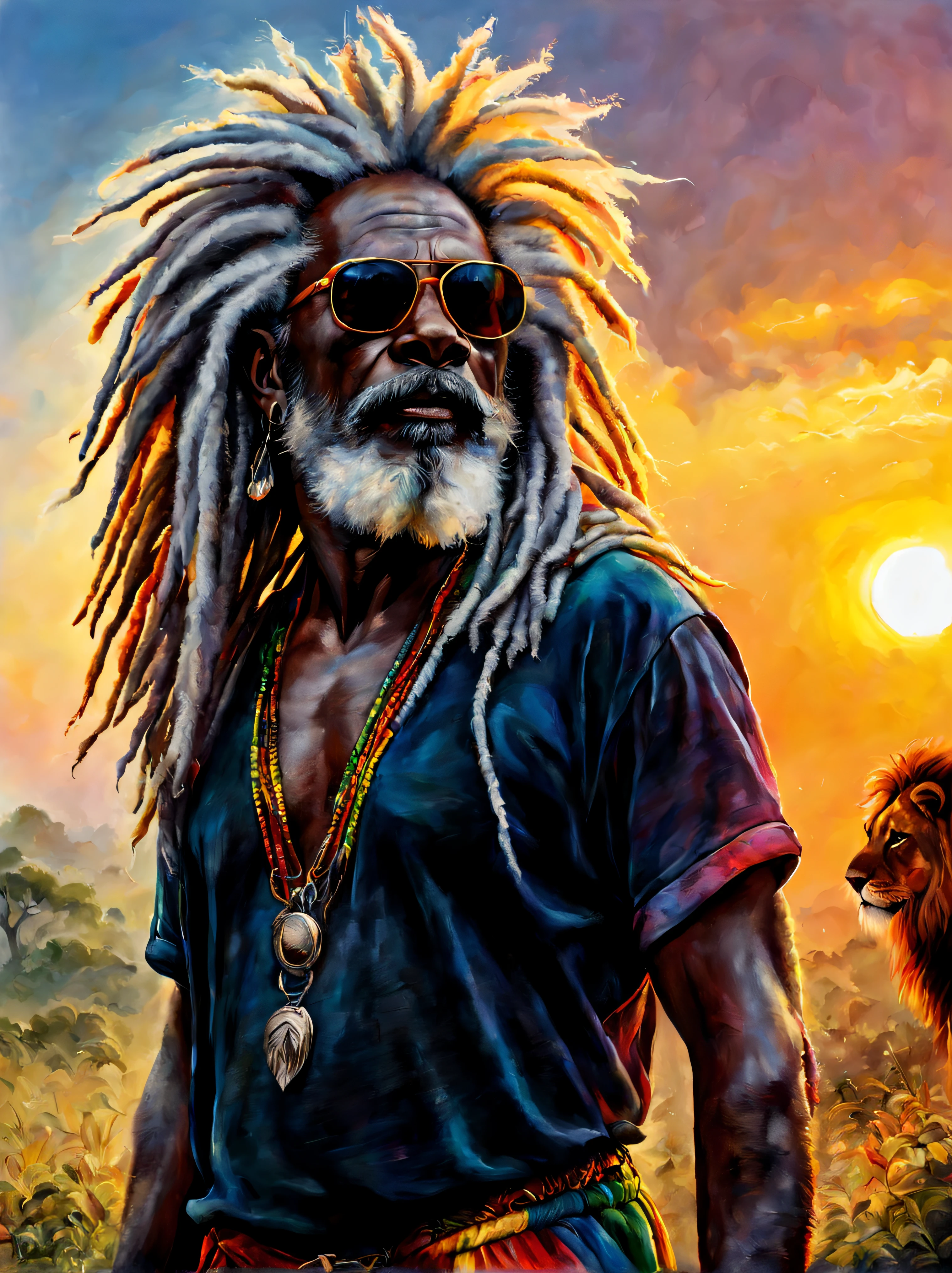 Preto velho Rastafari com dreadlocks brancos e com um leão curtindo o nascer do sol, roupa colorida de verão se destaca, Cena enérgica e animada.
Estilo de Gabriele Dell&#39;Otto, Meio da jornada de IA, núcleos saturados, Aquarela, pinturas à óleo,   HDR, 500 pixels, 4K,