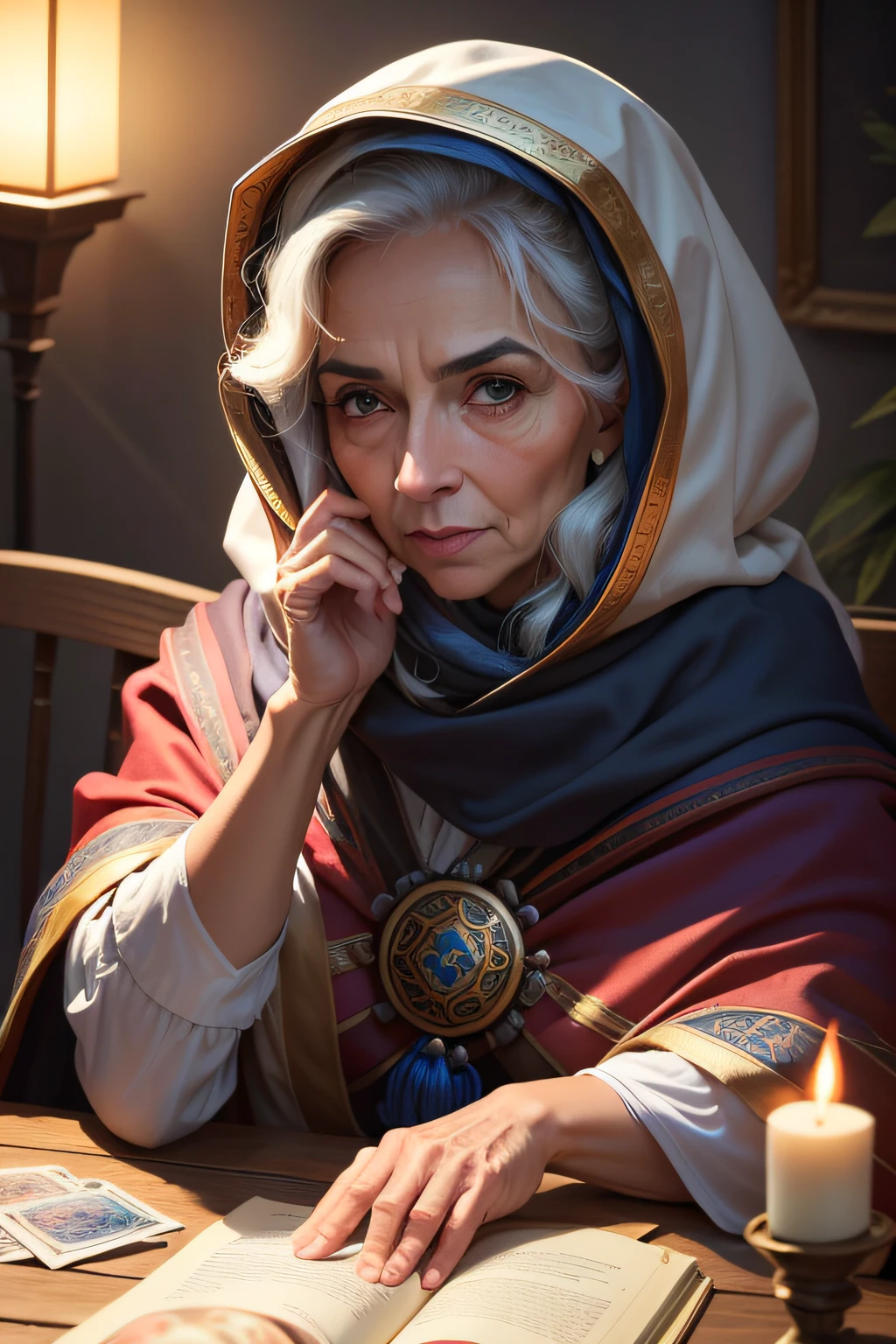 Create an image of an elderly fortune teller sitting at a table with tarot cards scattered all over the surface. A cartomante deve ter uma aura misteriosa, wearing traditional costumes such as a flowing cloak and a scarf over the head, e ela deve aparecer idosa com rugas e cabelos grisalhos. Seus olhos devem ser intensos e focados, olhando diretamente para o espectador como se espiasse sua alma. Sua boca deve estar semiaberta, como se ela estivesse falando ou prestes a revelar um segredo. A atmosfera deve ser mal iluminada, com velas projetando sombras cintilantes nas paredes, Enhancing the mystique of the scene. Capture the essence of mystery and intrigue,  o espectador se sente cativado e curioso sobre os segredos que a idosa cartomante guarda.