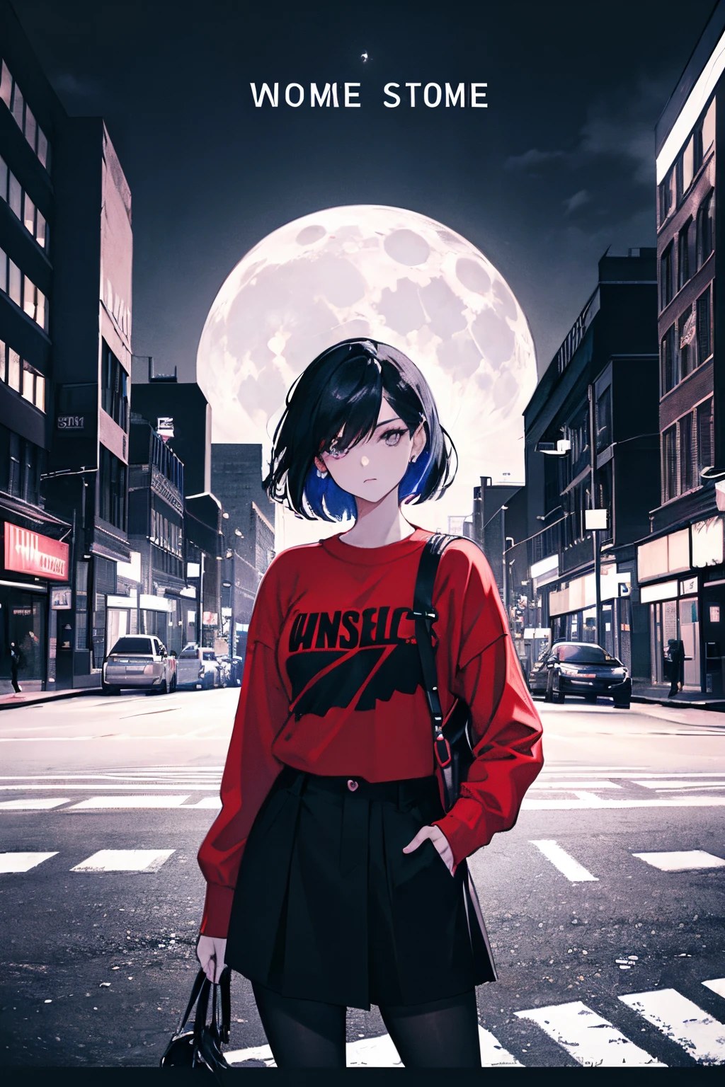 (moon in background),Movie Poster Style, Specific text, Strong color contrast, Stunning composition, bold and trendy, , which are full of confidence, street scene,english text, Bold fashion,Confident attitude,Women's Empowerment,Street style, Fashion,bold typography,high,Contrast Color, Clothing,Eye-catching composition,The atmosphere of the cityscape,