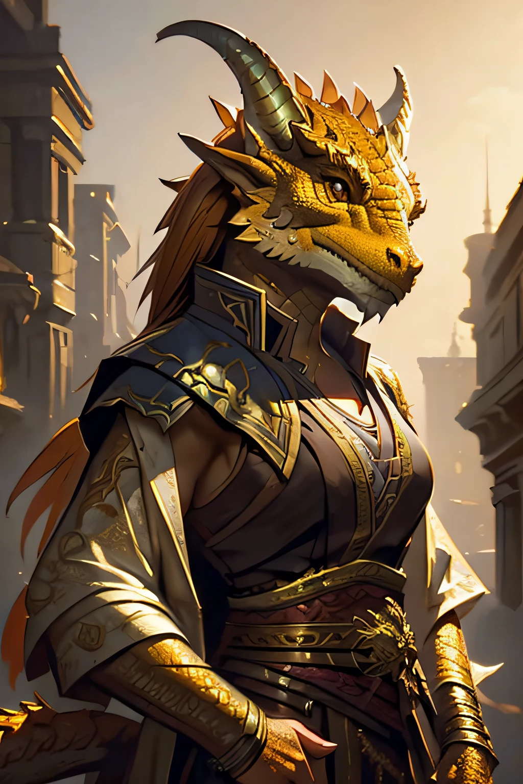 brass dragonborn, female, horns, solo portrait, scales, tail, buff, clothes, ((masterpiece, best quality)), art by greg rutkowski