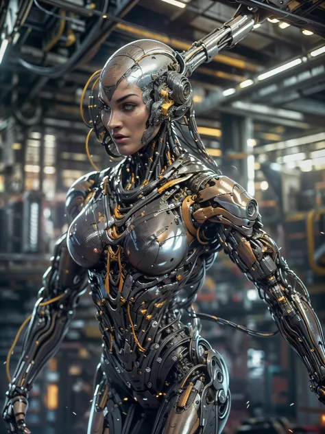 (beautiful muscular female cyborg:1.25), (megan-fox:1.5), (full body pose), (metallic muscular armor:1.5), (no hair), (bald head covered in cables:1.5), (robotic mechanical physique:1.5), (super muscular female cyborg:1.5), (covered in cables and mechanica...