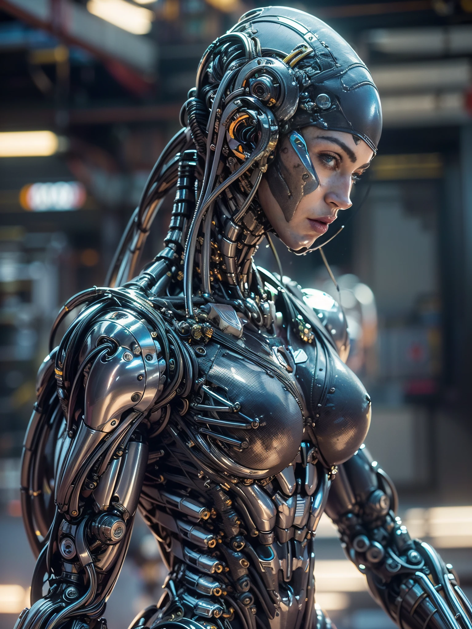 (beautiful muscular female cyborg:1.25), (megan-fox:1.5), (full body pose), (metallic muscular armor:1.5), (no hair), (bald head covered in cables:1.5), (robotic mechanical physique:1.5), (super muscular female cyborg:1.5), (covered in cables and mechanical muscles:1.5), (android muscular anatomy:1.5), (perfect fingers:1.25),(8k, RAW photo, photorealistic:1.25), sci fi atmosphere, futuristic dystopia, alien landscape,