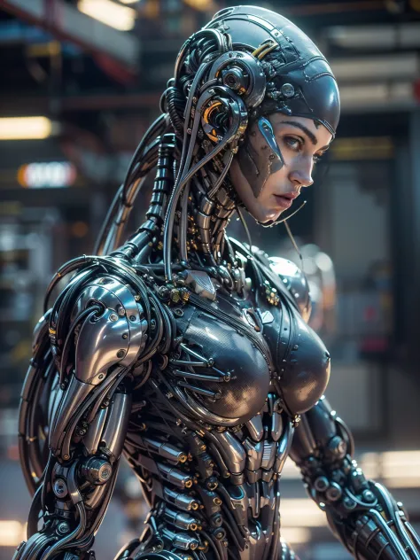 (beautiful muscular female cyborg:1.25), (megan-fox:1.5), (full body pose), (metallic muscular armor:1.5), (no hair), (bald head covered in cables:1.5), (robotic mechanical physique:1.5), (super muscular female cyborg:1.5), (covered in cables and mechanica...