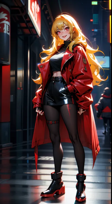 masterpiece, best quality, 1girl, mookhyang, blonde hair, long hair, bangs, red eyes, smile, shirt, long sleeves, coat, full bod...