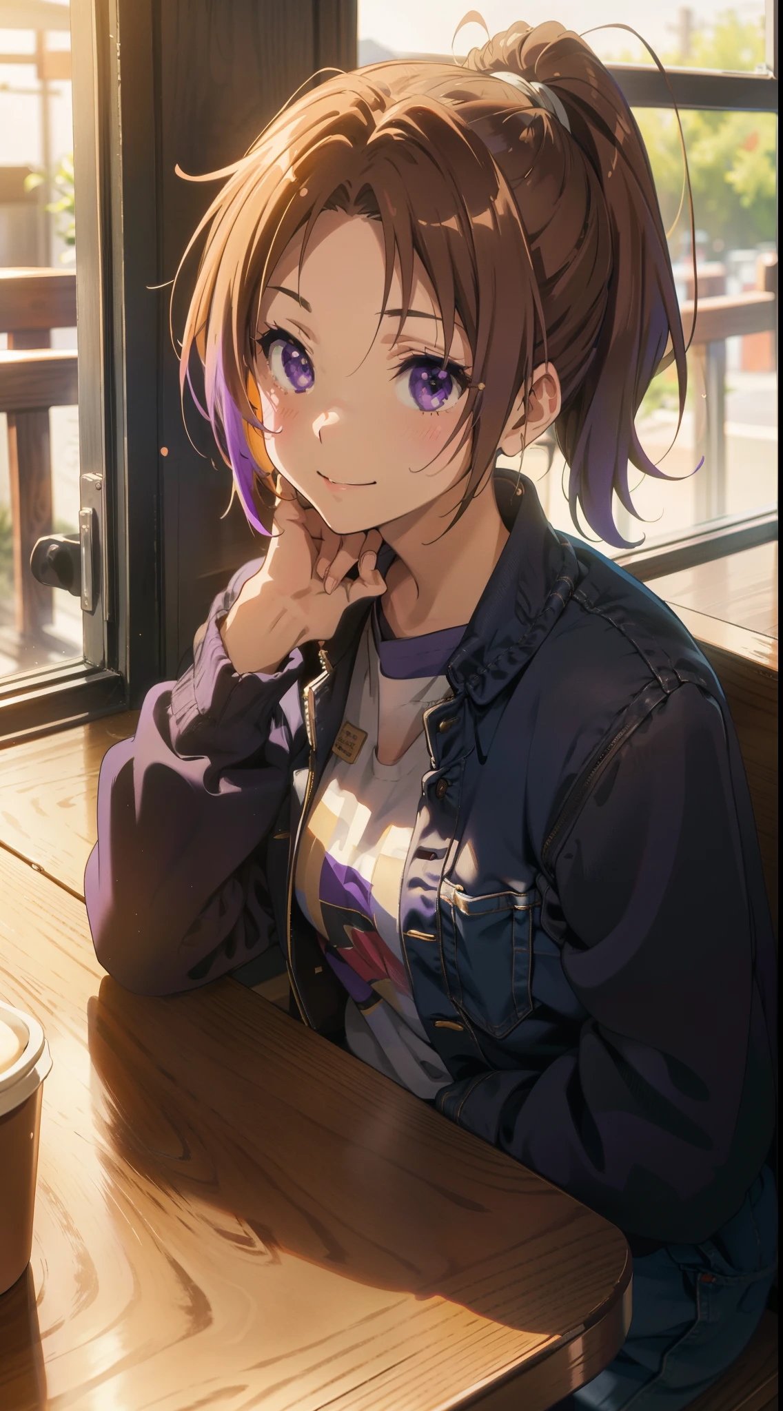 Anime girl sitting at a table with a cup of coffee - SeaArt AI