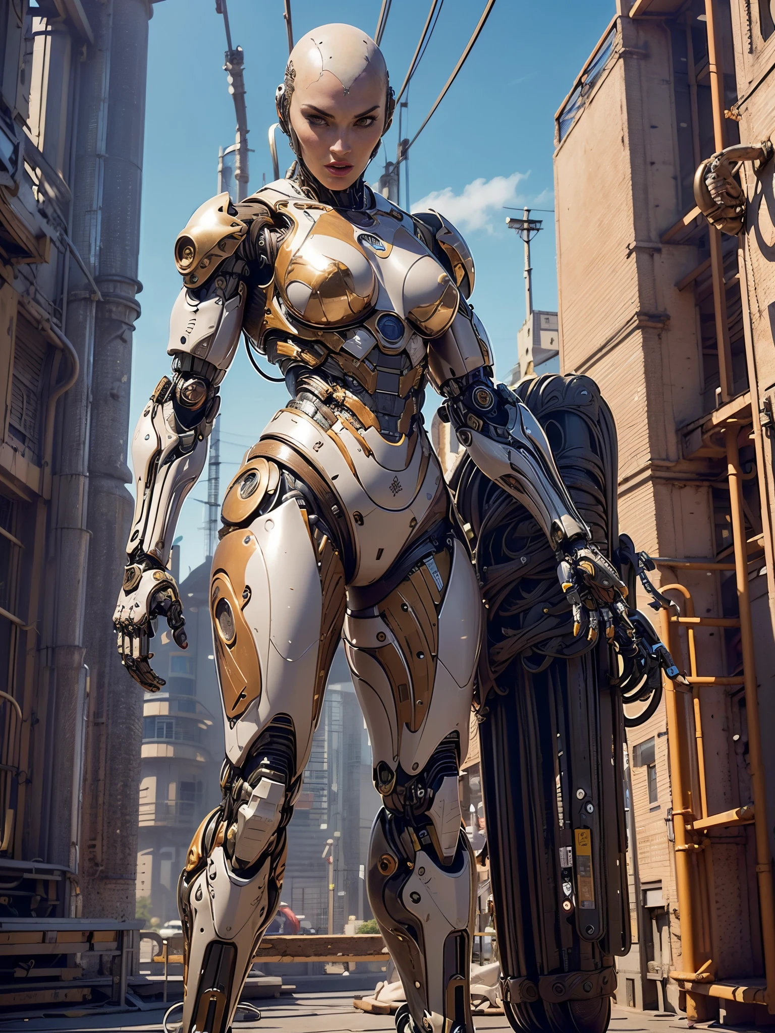 (beautiful muscular female cyborg:1.25), (megan-fox:1.5), (full body pose), (metallic muscular armor:1.5), (no hair), (bald head covered in cables:1.5), (robotic mechanical physique:1.5), (super muscular female cyborg:1.5), (covered in cables and mechanical muscles:1.5), (android muscular anatomy:1.5), (perfect fingers:1.25),(8k, RAW photo, photorealistic:1.25), sci fi atmosphere, futuristic dystopia, alien landscape,