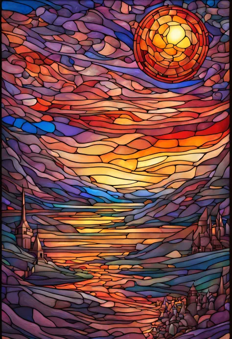 a magnificent sunset on a strange and mysterious alien Stained glass style planete. It's very textured and detailed with dreamin...