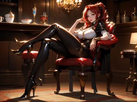 (highly detailed:1.3), 1girl, solo, (full body:1.2), sc_nyx, large breasts, light smile, red eyes, sitting, dinning table and chair, Ultra-detail, (highres:1.1), best quality, (masterpiece:1.3), cinematic lighting, (highly detailed face and eyes:1.3),