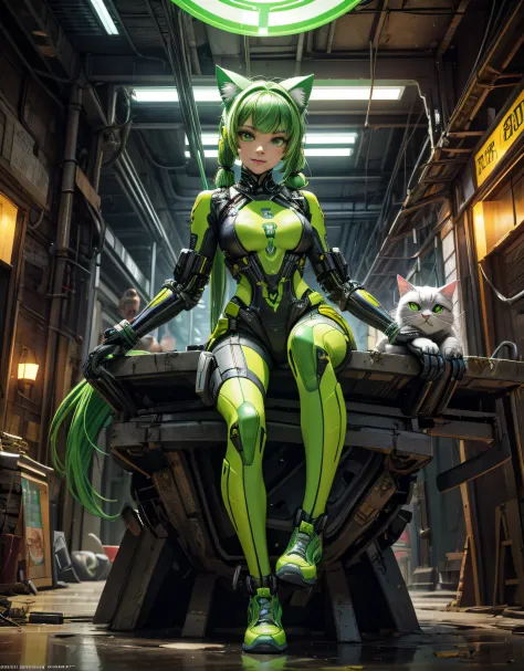 "Masterpiece in dystopian 4K resolution, with mecha_musume purple_glitter style, vibrant details in green and yellow, inspired b...