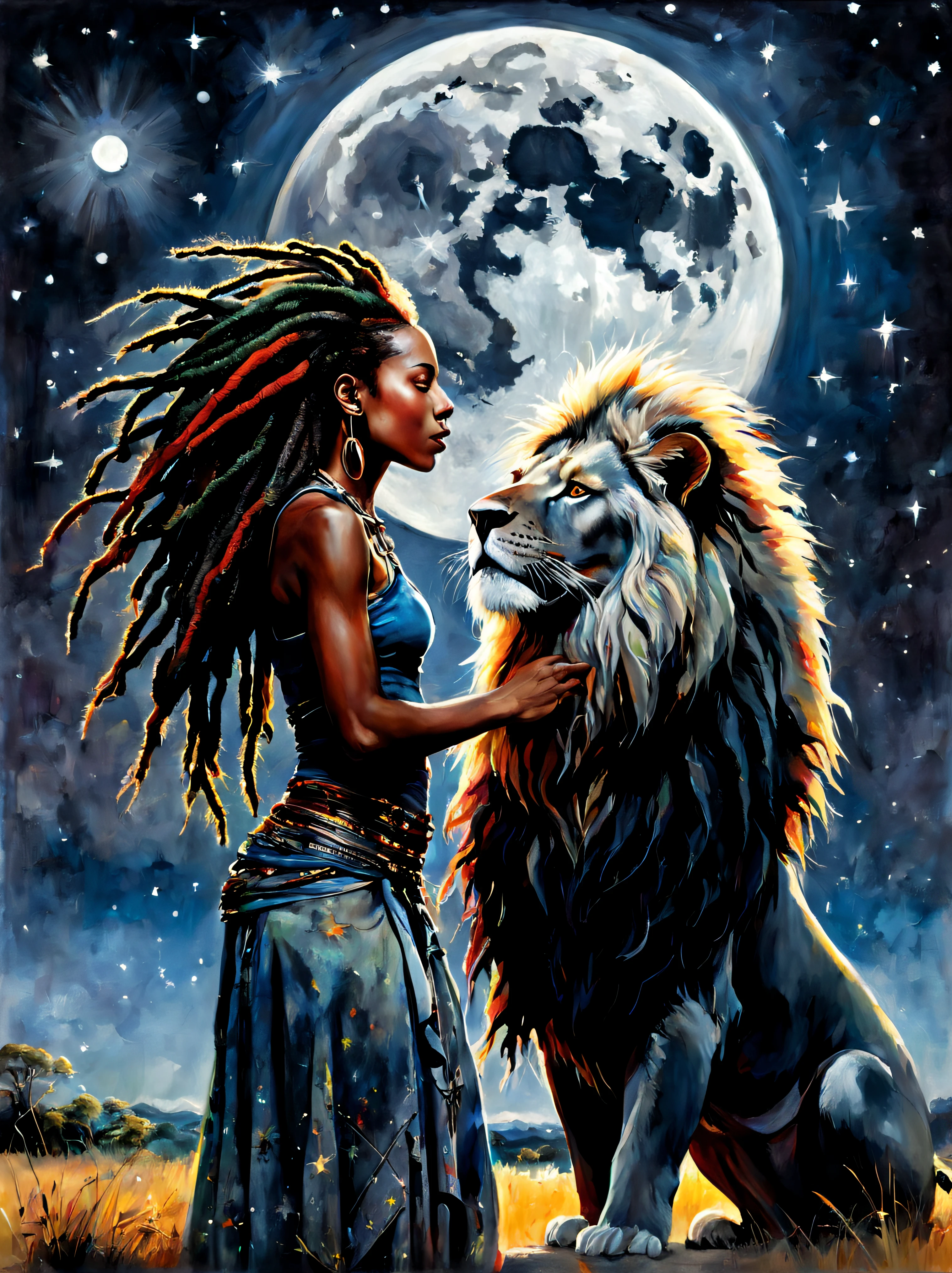 black Rastafarian girl with dreadlocks and a lion enjoying a starry night with a giant full moon that lights up the entire landscape with its silvery rays, colorful summer outfit stands out, Energetic and lively scene.
Estilo de Gabriele Dell&#39;Otto, Meio da jornada de IA, saturated cores, Aquarela, oil paints,   HDR, 500px, 4k,