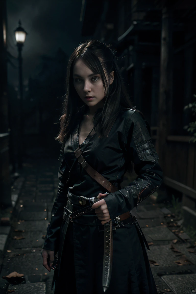 Photographic quality, capture the composition of a female samurai (face AnnaSophia Robb) (Gothic Slavic girl) With a sword (katana) in hands and black gothic outfit, pointing sword(katana) on the enemy. hold the sword with both hands,Dark and ruthless hard - boiled style, Michelangelo, digital illustration art & Pen Tablet, Dark & Cold light —v 5.2,(Black Style),menacing pose, holds the handle of the katana firmly with both hands, Ferocious view,