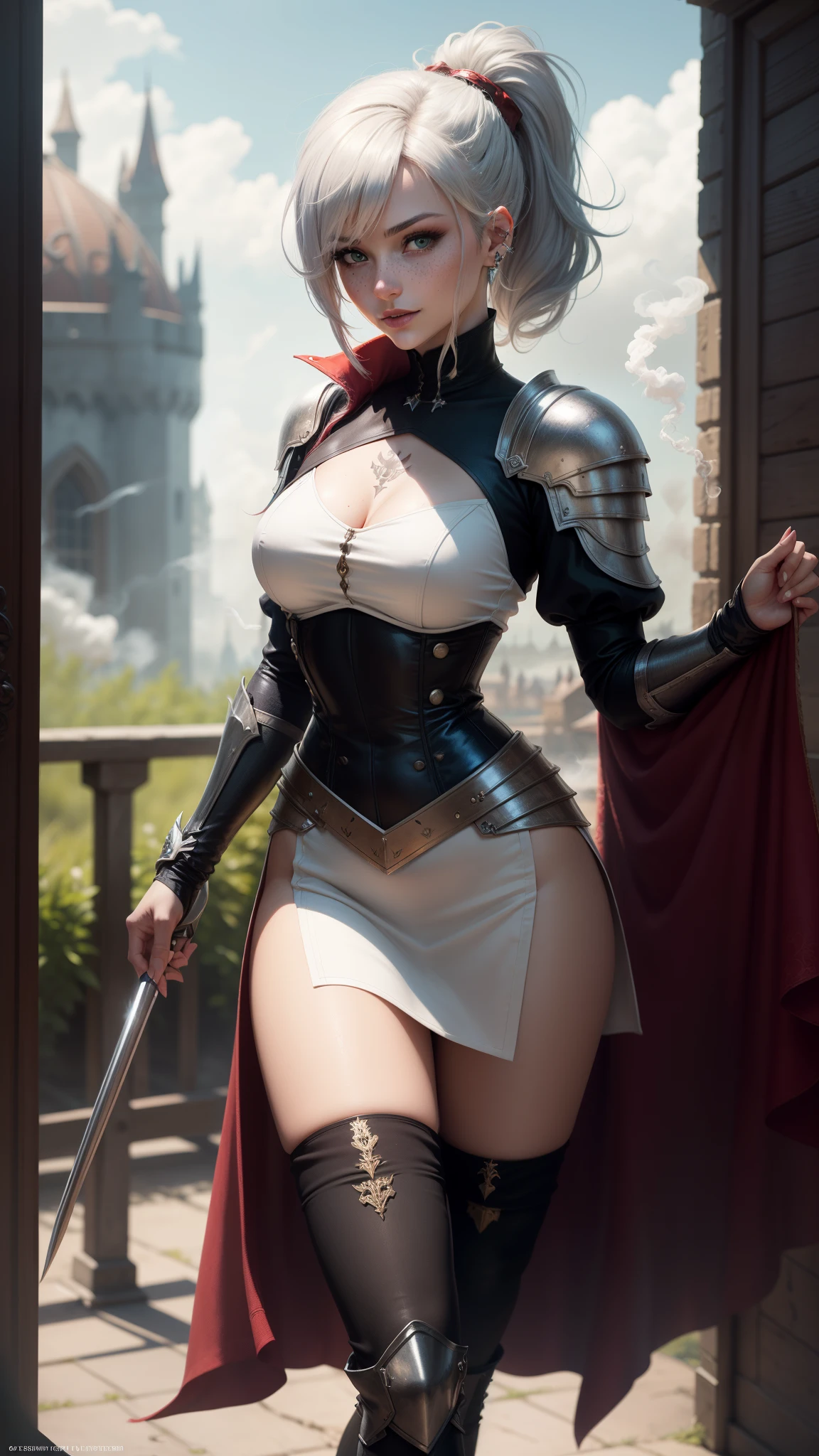 gwen tennyson,yorha 2b,tracer,mordred, rebecca chambers,overwatch,atelier ryza,close up,castle under siege,tattoos, jade and silver plugsuit,white short sleeve silk top,short sleeve knight jacket,long full tight silk skirt,steel knight corset,ponytail hair,queen makeup,green eyes,multicolored silver hair,long dress train,sexy smile,freckles,beautiful girl,silver thigh high boots,large breasts,8k,ultra detailed,realistic,fantasy art,silver knight uniform,queen uniform, hair pin,ear piercings, battlefield,jade hand and neck jewelry,(weather:smoke rising),1girl,long purple knight coat, holding a war banner,walking,