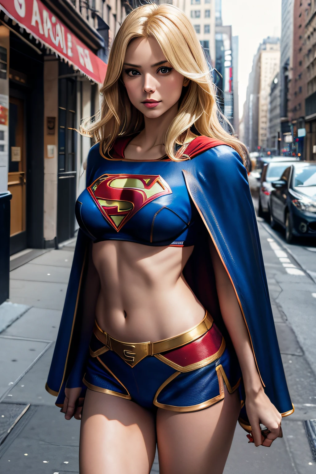 Supergirl blonde in prostituée aguicheuse, jupe ultracourte, crop top ouvert, jambes nues, bras nus. pas du cap, Supergirl tapine dans un quartier pauvre de New York.