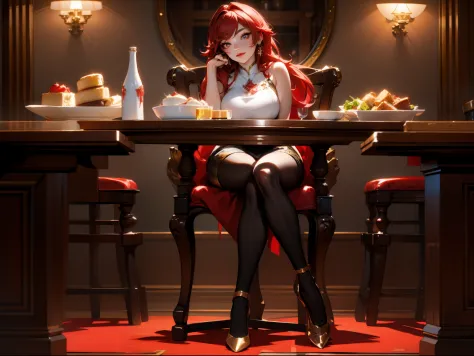 (highly detailed:1.3), 1girl, solo, (full body:1.2), sc_nyx, large breasts, light smile, red eyes, sitting, dinning table and ch...