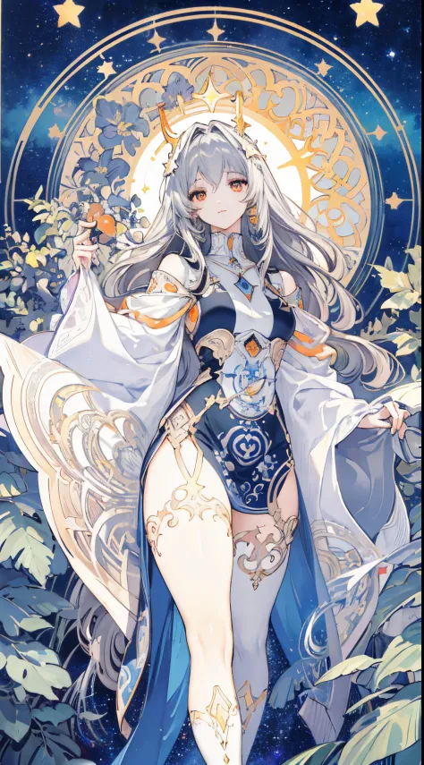 (thick thighs), (Curvy), Sexy, (Gray Hair), (Orange Eyes,) (Glowing Eyes,) 1 girl, Pale Skin, (Two-Tone Eyes), Eyelashes, Smile,...