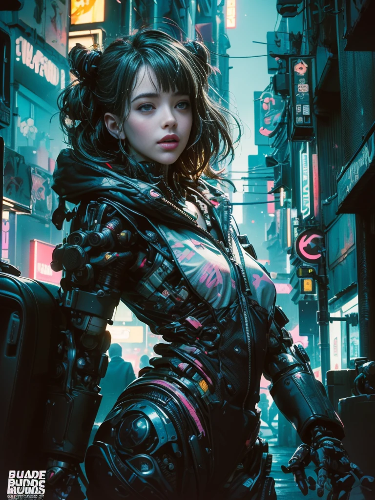 ((Stunning Anime illustration)), ((beautiful cybernetic Cyberpunk girl)), ((highly detailed face)), ((mechanical limb, mechanical vertebrae)), ((mechanical cervical attaching to neck)), (wires and cables attaching to neck:1.2), ((mass of wires and cables on head)), ((wearing colorful Harajuku tech jacket with logo)), ((dynamic pose)), (cowboy shot), (masterpiece), (((best quality))), ((ultra-detailed)), (highly detailed illustration), cinematic lighting, science fiction, extremely detailed,colorful,highest detail, (((cyberpunk city background, (Blade Runner), Harajuku district))), NSFW