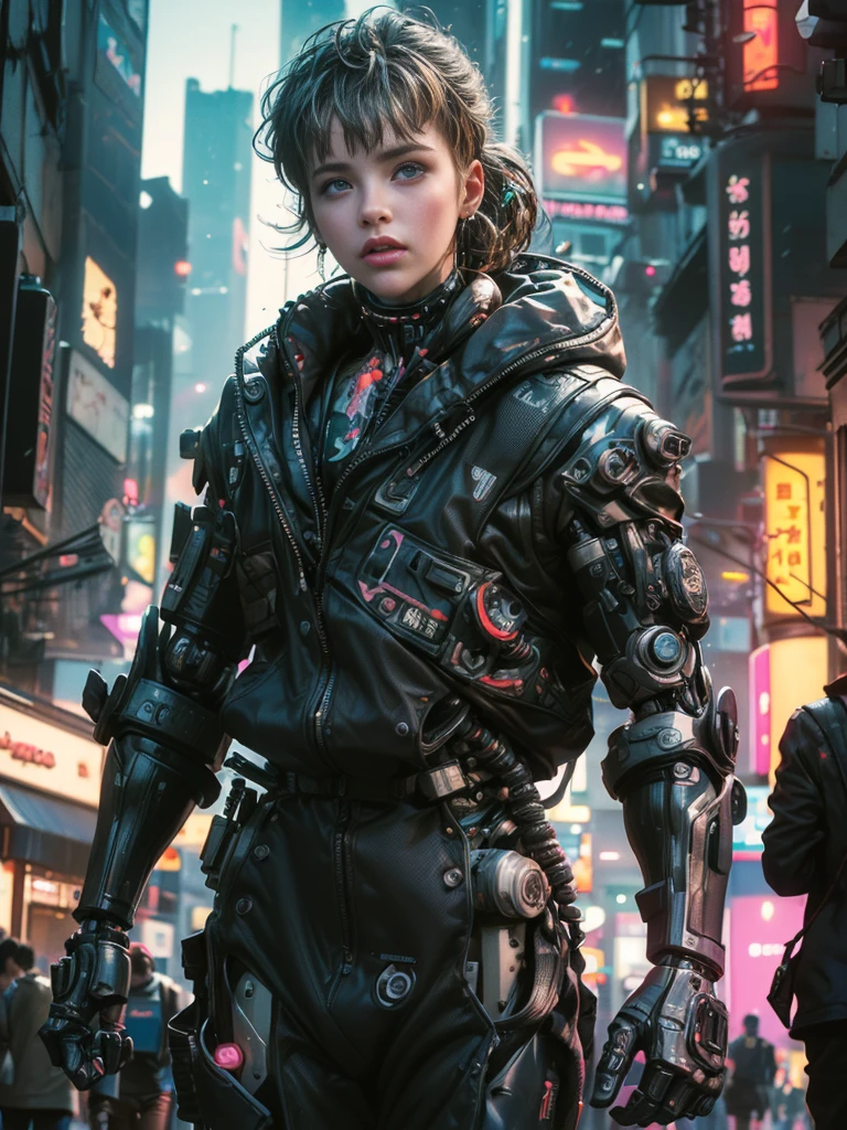 ((Stunning Anime illustration)), ((beautiful cybernetic Cyberpunk girl)), ((highly detailed face)), ((mechanical limb, mechanical vertebrae)), ((mechanical cervical attaching to neck)), (wires and cables attaching to neck:1.2), ((mass of wires and cables on head)), ((wearing colorful Harajuku tech jacket with logo)), ((dynamic pose)), (cowboy shot), (masterpiece), (((best quality))), ((ultra-detailed)), (highly detailed illustration), cinematic lighting, science fiction, extremely detailed,colorful,highest detail, (((cyberpunk city background, (Blade Runner), Harajuku district))), NSFW