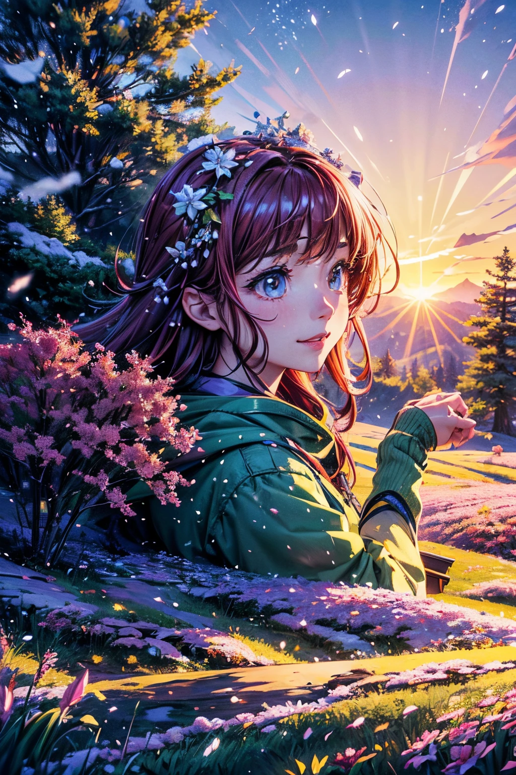 Prompt: masterpiece, best quality, ultra-detailed, 1girl, detailed water, long hair, corkscrew curls, red hair, light grey eyes, (close-up), maple trees, everywhere mistletoe, gorgeous, maple and spruce trees, cherry, cherry tree, smile, view from front, wolf ears, snowy background, science fiction, multiple tails, Tall evergreens stand tall and proud, their branches weighed down by heavy snow, volumetric lighting AND masterpiece, best quality, high quality, extremely detailed CG unity 8k wallpaper A vibrant spring landscape, bursting with new life and color. Rolling hills are covered with a carpet of green, dotted with delicate wildflowers in shades of pink, purple, and yellow, volumetric lighting