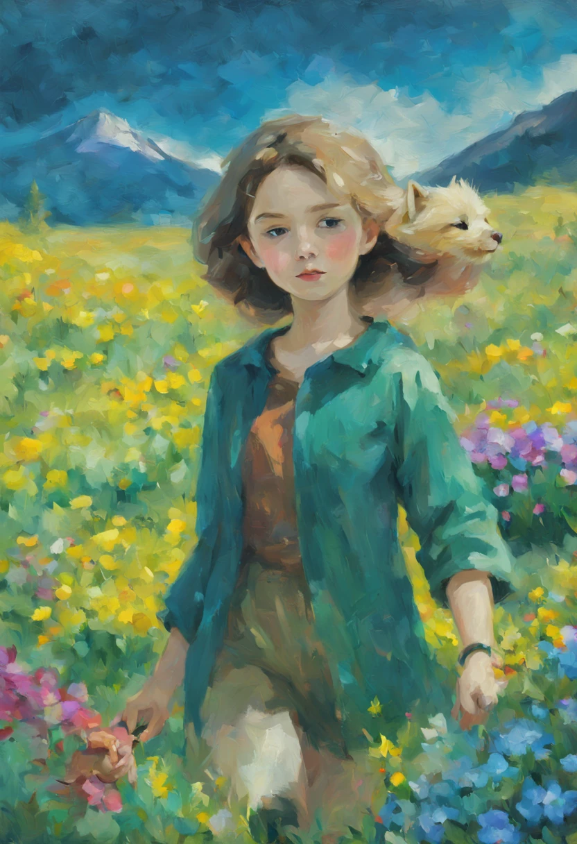 oil painting, set of rough oil photoshop brushes, well lit interior, in a bright field of wildflowers, Bright colors