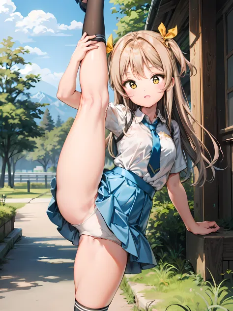 extremely fine and beautiful, Anime style, Cute Girl, standing split, Standing on one leg, 1girl in, Long hair, Yellow Ribbon, White shirt, White panties, blue necktie, Blue skirt, black kneehighs, (Thigh thin: 1.1), plein air