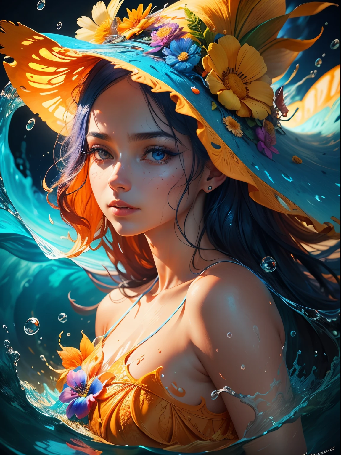 Portrait of young woman with flower hat, make-up, Liquid splash explosion, orange, cerulean, highy detailed, fantasia background, illustration, sharp focus, lighting dramatic, trending in the artstation, cinemactic, 8K, conceptual artwork, chic, reflections