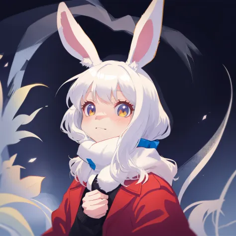 anime character with white hair and rabbit ears wearing a red coat, bunny girl, with long floppy rabbit ears, with big rabbit ea...