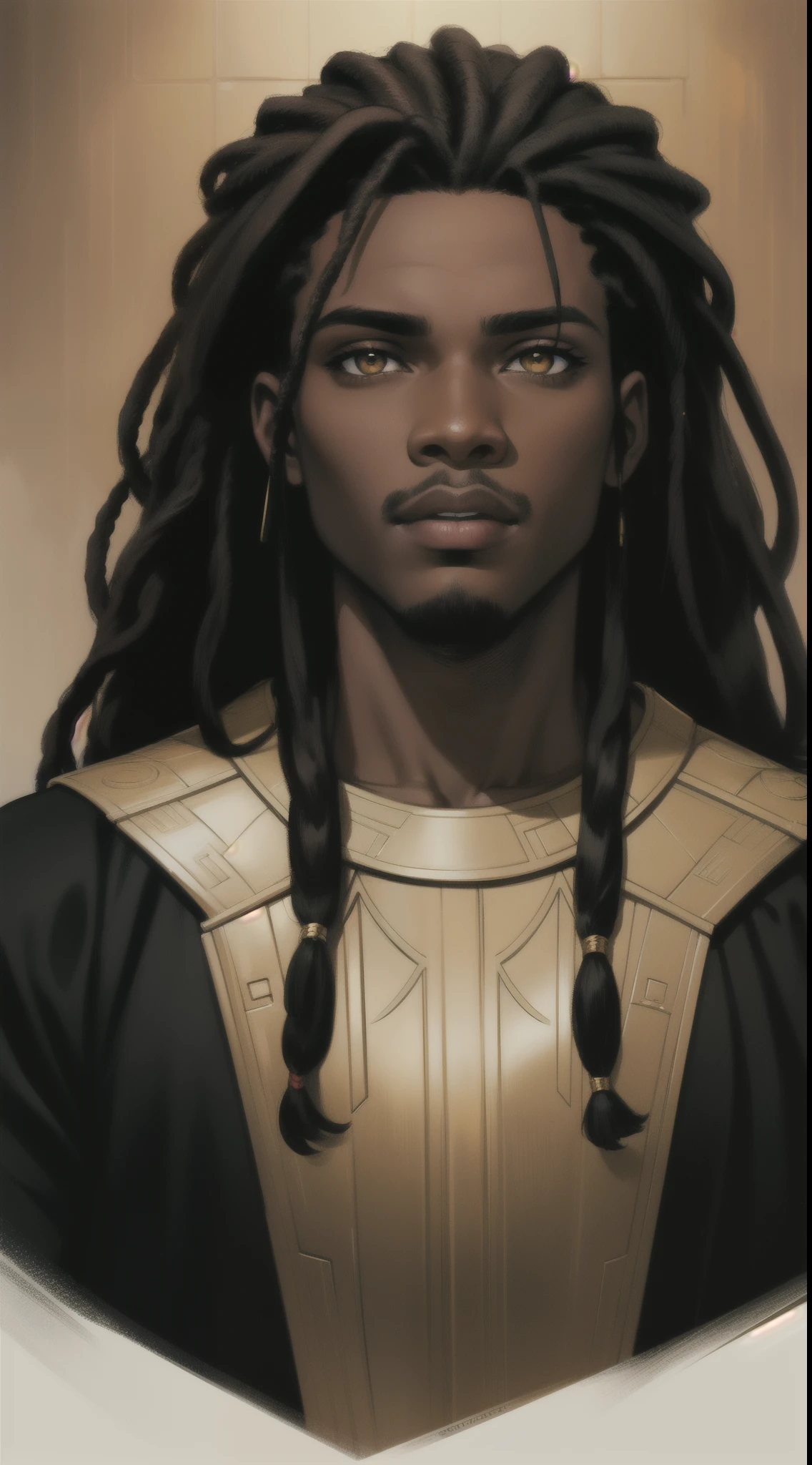 Comic Book Style Portrait of an African-American male, with dark black dreadlocks, golden eyes, prince, young hero, sith robes, perfect composition, hyper-detailed, 8K, high quality, perfect eyes, trending art, trending on artstation, sharp focus, studio photo, intricate details, by Matteo Scalera