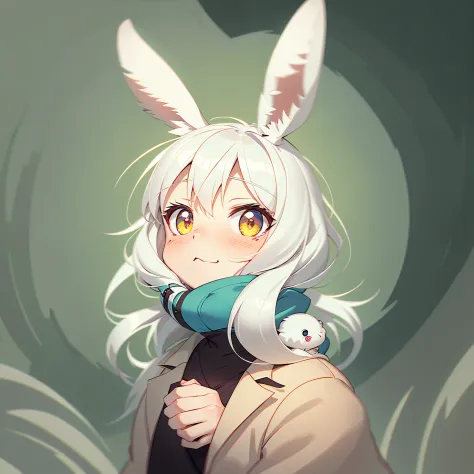 anime character with white hair and rabbit ears wearing a red coat, bunny girl, with long floppy rabbit ears, with big rabbit ea...