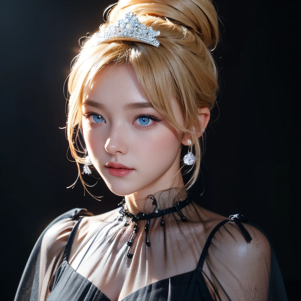 (masterpiece), 8k cg, stunningly beautiful girl, intricate details, chromatic aberration, ((bust shot)), ((looking at viewer)), 1girl, (amelia_formal, black dress, see-through, golden blonde hair, hair bun, tiara), (blue eyes, sparkly eyes, extremely detailed eyes), extremely beautiful and delicate portrait, 16 years old, cute face, wide smile, joyful, soft cheeks, blush, makeup, absurdres, cinematic lighting, dynamic lighting, fantasy, ((dark background, fog))