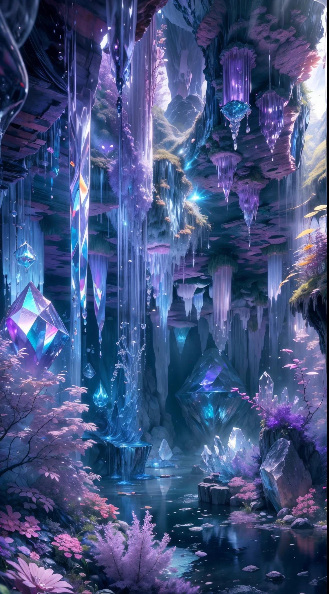 (best quality,4k,8k,highres,masterpiece:1.2),ultra-detailed,(realistic,photorealistic,photo-realistic:1.37),crystal cave,amethyst crystals,sparkling,huge crystals,glowing crystals,shimmering crystals,ethereal atmosphere,frozen in time,natural wonder,otherworldly beauty,dazzling light,unearthly colors,magical aura,hidden secrets,majestic formations,subterranean paradise,mystical energy,reflective surfaces,glistening walls,prismatic glow,dense clusters of crystals,enchanting panorama,tranquil and serene,luminous purple hues,dimly lit,growing from the ground,surreal landscape,mystifying depths,quiet echo,crystal clear water,enchanted atmosphere,dripping water droplets,stalactites and stalagmites,exquisite crystal details,quiet contemplation,peaceful solitude,intense beauty,overwhelming sense of awe,hidden gems,unique subterranean world,whispering echoes,magnificent sculpture of nature,vibrant purple crystals,unforgettable sight,dreamlike scenery,emitting gentle light