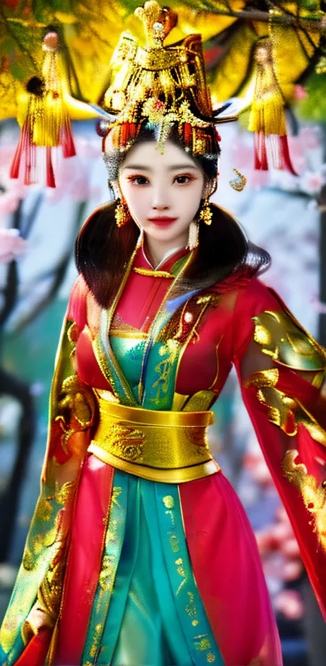 (um close de bela  imperatriz chinesa usando coroa dourada e vestes vermelhas imperiais, pele branca como porcelana, idade de 25...