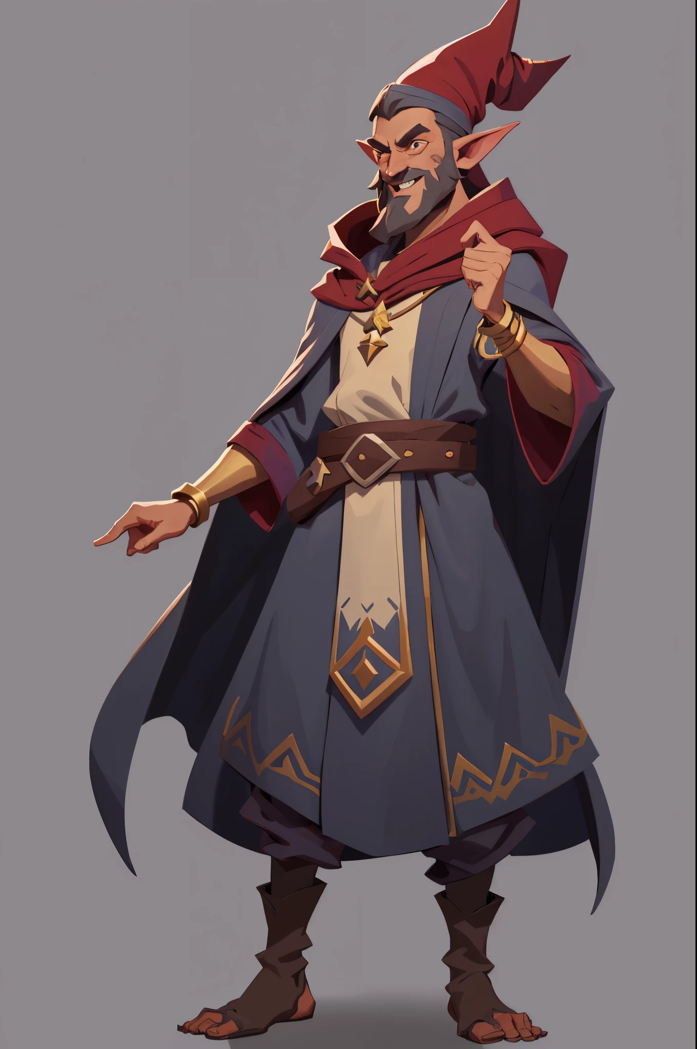 1boy, GOBLIN with DARK RED SKIN, pointed ears, broad nose, BEARD, wearing wizard robes, mstoconcept art, european and american cartoons, game character design, solo, BACKGROUND, GRAY BACKGROUND, WIZARD, FULL BODY, STANDING, SMILING, ROBE, HOOD, JEWELRY, BRACELET, WIDE SLEEVES, BELT, GEMSTONE, LONG SLEEVES,