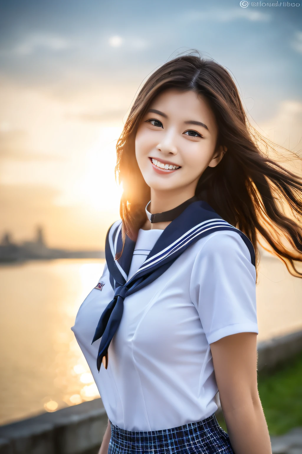 8K raw photo, Best quality, masterpiece, ultra high res, 3d, realistic, 1girl, asian, black_hair, black_sailor_collar, long_hair, nose, school_uniform, neckerchief, natural skin texture, light brown_eye, detailed eyes and face, lips, lipstick, smile, teeth, beautiful legs, enormous breasts, beautiful seaside location, (detailed background), plaid skirt, white shirt, enormous breast, blurry background, short sleeves