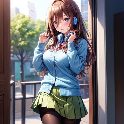 brown-haired schoolgirl、green skirt、light blue cardigan、semi-long hair、blue headphones、black pantyhose、brown loafers、red blush