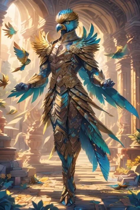 Golden hawk in full golden armor, (wings on back his wings spread), (( hawk head, long beak, golden feathers, piercing blue eyes...