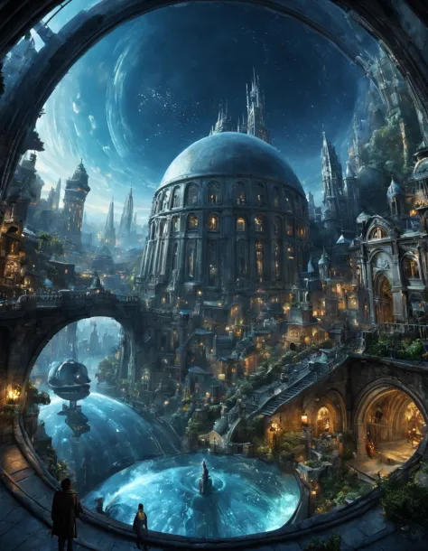 Utopian Worlds: fantasy city inside a dome, flip 360 degrees, harmonious coexistence between humans and fantasy creatures, creat...