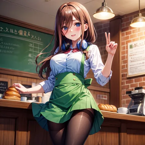 schoolgirl with brown hair、green skirt、(blue headphones)、apron、semi-long hair、baker、black pantyhose、(pantiy)、red blush、solo、insi...