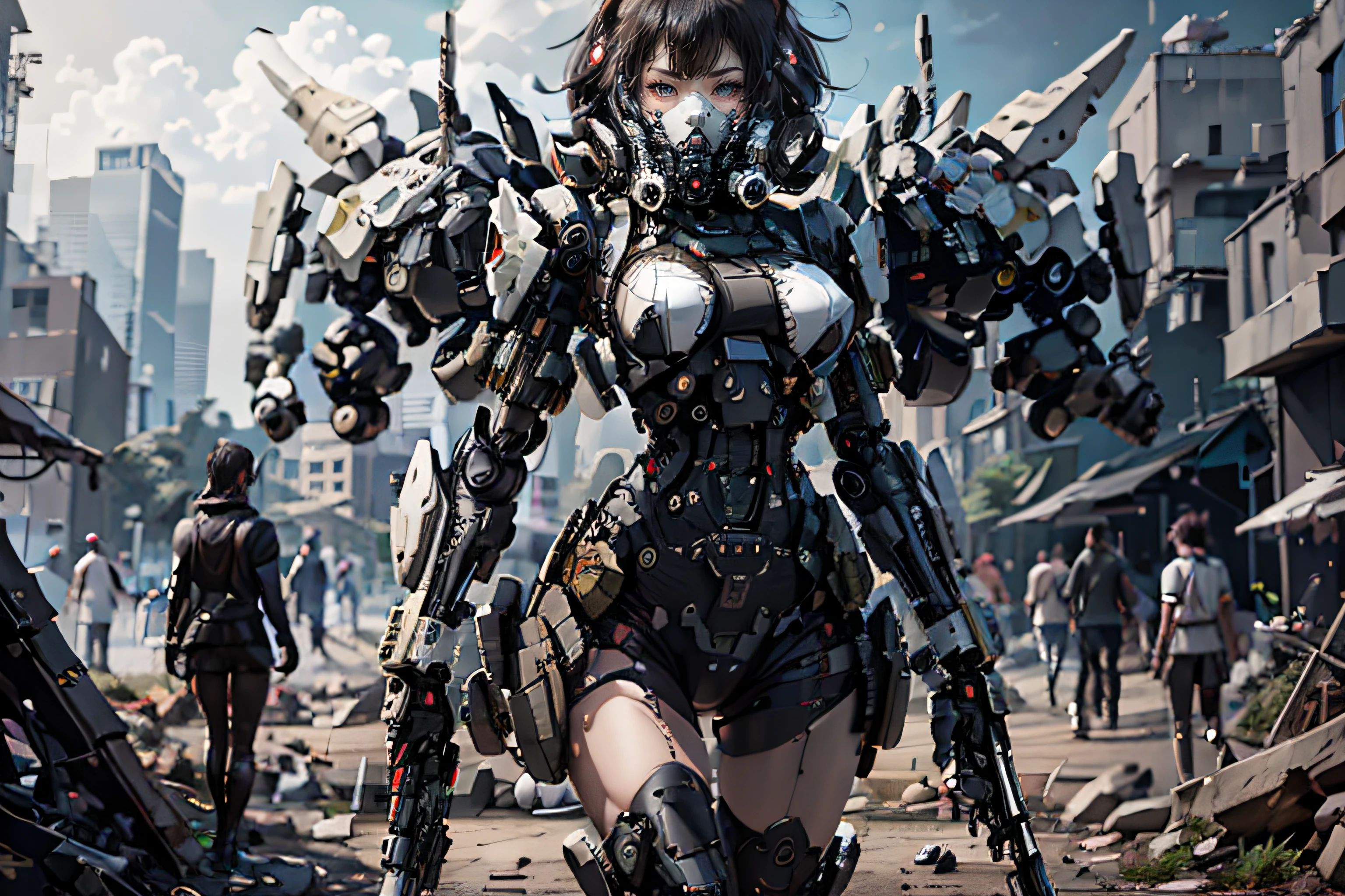 This a CG Unity 8k wallpaper with ultra-detailed, high-resolution and top quality in cyberpunk style, dominated by black and red. In the picture, a beautiful girl with white messy short hair, a delicate face, wearing a steam mecha mask, standing on the ruins, behind her a huge robot, and the action of a woman holding a heavy sniper rifle in her hand,