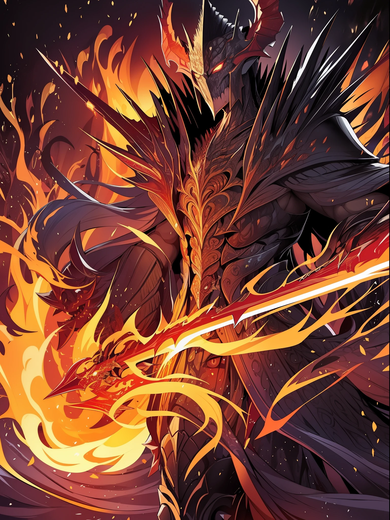 "Molten lava drips on an obsidian blade、fiery mythical sword, Decorated with demonic runes, meticulously detailed, Complex items and equipment are listed side by side.""Molten lava drips on an obsidian blade、fiery mythical sword, Decorated with demonic runes, meticulously detailed, Complex items and equipment are listed side by side."