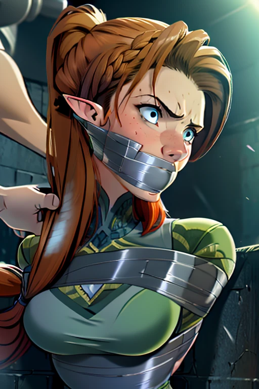 extremely detailed 8k wallpaper, Ultrarealistic, sharp focus, masterpiece, high resolution, smooth, video game cut scene, close up, various angles, 1 young female elf warrior with a very detailed long hair, ((intricate hairstyle:1.3)), half up half down pony tail, (((ginger hair))), pale skin, wearing ripped clothing, beautiful face, focus on face, detailed face, perfect skin, beautiful, Insanely detailed, close up, taped mouth, ((tape gag: 1.3)), wrap around tape gag, ((gagged)), arms bound behind back, elbows taped, wrists taped, desperate struggle, thrashing, arched back, in a van, being driven away,, frightened, pleading eyes, stalker, kidnapped, true crime, tense atmosphere, peril, impending , panicking, (a man  touching her: 1.3), tense atmosphere, peril, (dynamic angle:1.1), masterpiece