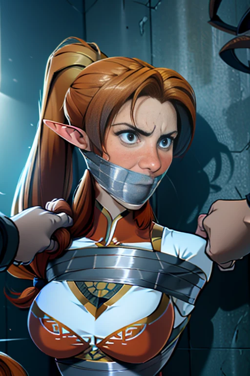 extremely detailed 8k wallpaper, Ultrarealistic, sharp focus, masterpiece, high resolution, smooth, video game cut scene, close up, various angles, 1 young female elf warrior with a very detailed long hair, ((intricate hairstyle:1.3)), half up half down pony tail, (((ginger hair))), pale skin, wearing ripped clothing, beautiful face, focus on face, detailed face, perfect skin, beautiful, Insanely detailed, close up, taped mouth, ((tape gag: 1.3)), wrap around tape gag, ((gagged)), arms bound behind back, elbows taped, wrists taped, desperate struggle, thrashing, arched back, in a van, being driven away,, frightened, pleading eyes, stalker, kidnapped, true crime, tense atmosphere, peril, impending , panicking, (a man  touching her: 1.3), tense atmosphere, peril, (dynamic angle:1.1), masterpiece