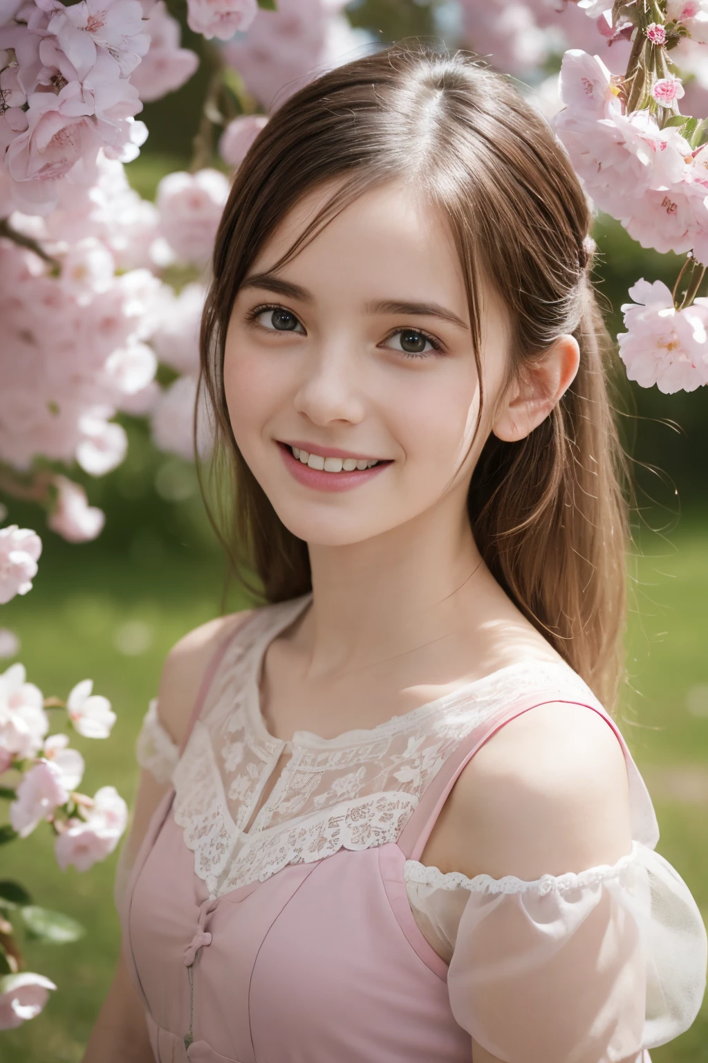 Masterpiece, Best quality, 8k, 18 ans, Photo brute, absurdes, Award-winning portrait, sourire, sourire, pure, french, pink dress, spring, petite, orchard in bloom, laces