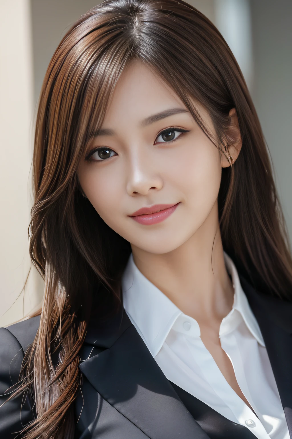 masutepiece, Best Quality, Photorealistic, Ultra-detailed, finely detail, High resolution, 8K Wallpaper, 1 beautiful woman,, light brown messy hair, in a business suit, foco nítido, Perfect dynamic composition, Beautiful detailed eyes, detailed hairs, Detailed realistic skin texture, Smiling, Close-up portrait, Model body type