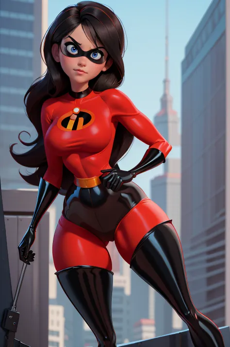 2 women, sexy helen parr and violet parr, ripped skintight red clothes with  black panties and the incredibles logo on, tall black shiny boots. black mask around eyes, long straight black hair, blue eyes, cleavage, masterpiece, high res, 32k (perfect anato...