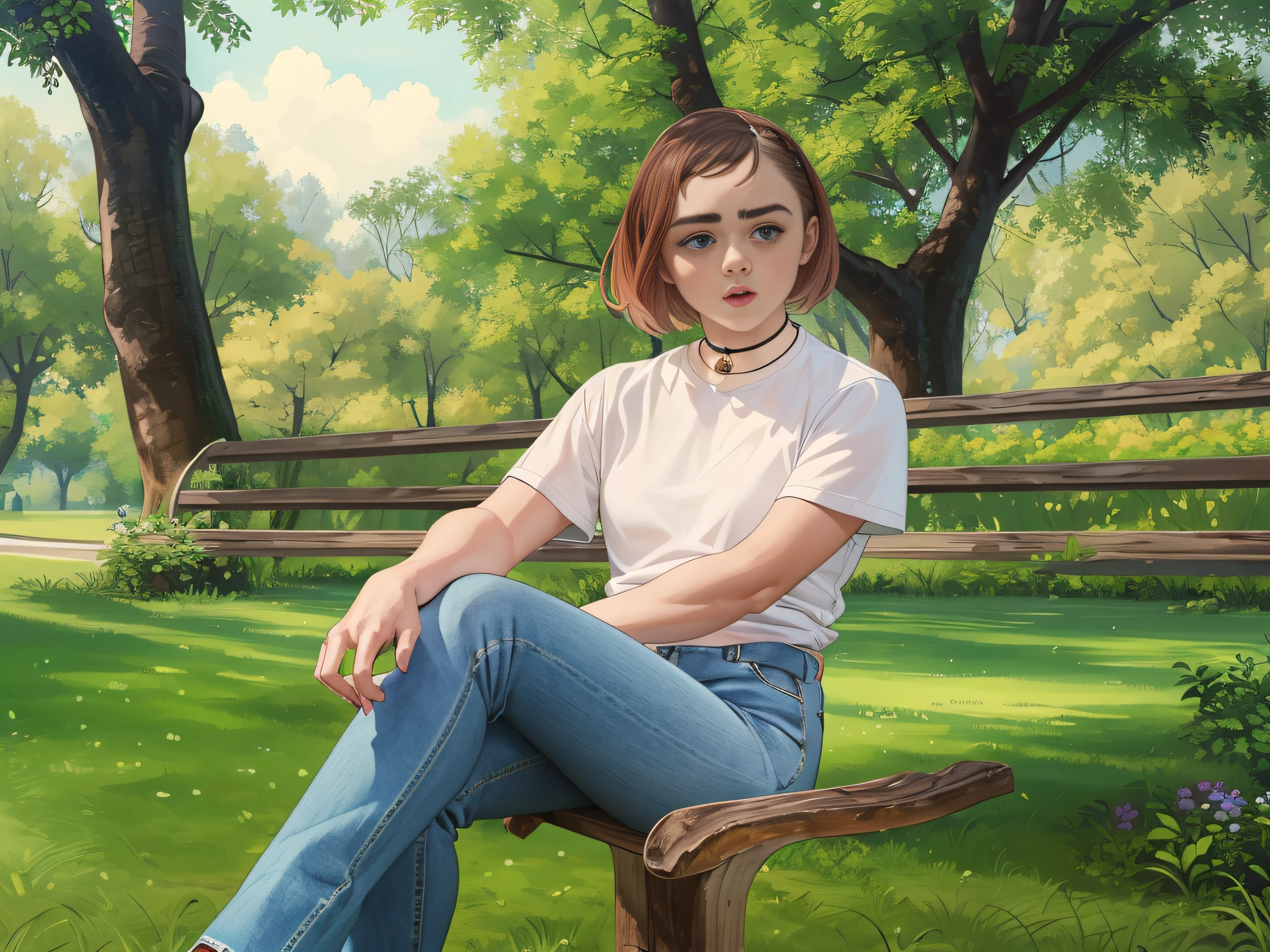 Maisie Williams, en un parque, Realista, calidad de obra maestra, día soleado, pose sexy, usando jeans azules, vistiendo camiseta blanca, usando collar de gargantilla,