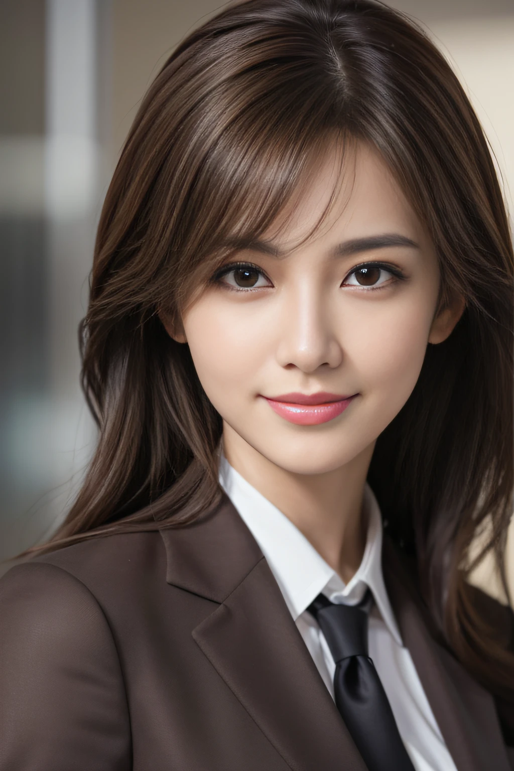 masutepiece, Best Quality, Photorealistic, Ultra-detailed, finely detail, High resolution, 8K Wallpaper, 1 beautiful woman,, light brown messy hair, in a business suit, foco nítido, Perfect dynamic composition, Beautiful detailed eyes, detailed hairs, Detailed realistic skin texture, Smiling, Close-up portrait, Model body type