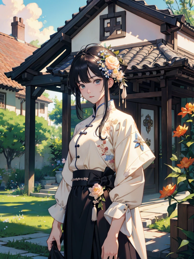 top-quality、4k wallpaper、​masterpiece、the Extremely Detailed CG Unity 8K Wallpapers、extremely detailed eye、ultra-detailliert、intricate-detail、、1girl、looking at the viewers、outside of house、garden、florals、flowers background、